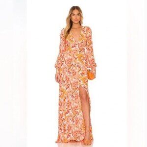 NWT Revolve AFRM‎ Shiloh Long Sleeve Orange Floral Slit Maxi Dress